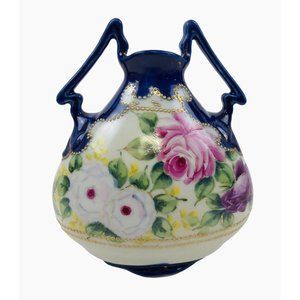 Vintage Hand Panted Cobalt Blue Pink Red Flower Vase Double Handle Porcelain